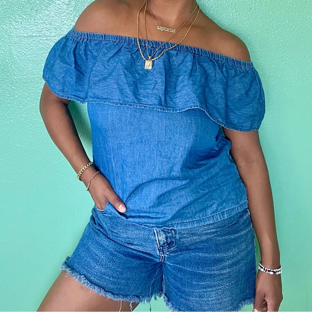CAVALINI Shirt Denim Off-The-Shoulder Ruffle Y2K, 2000s Style